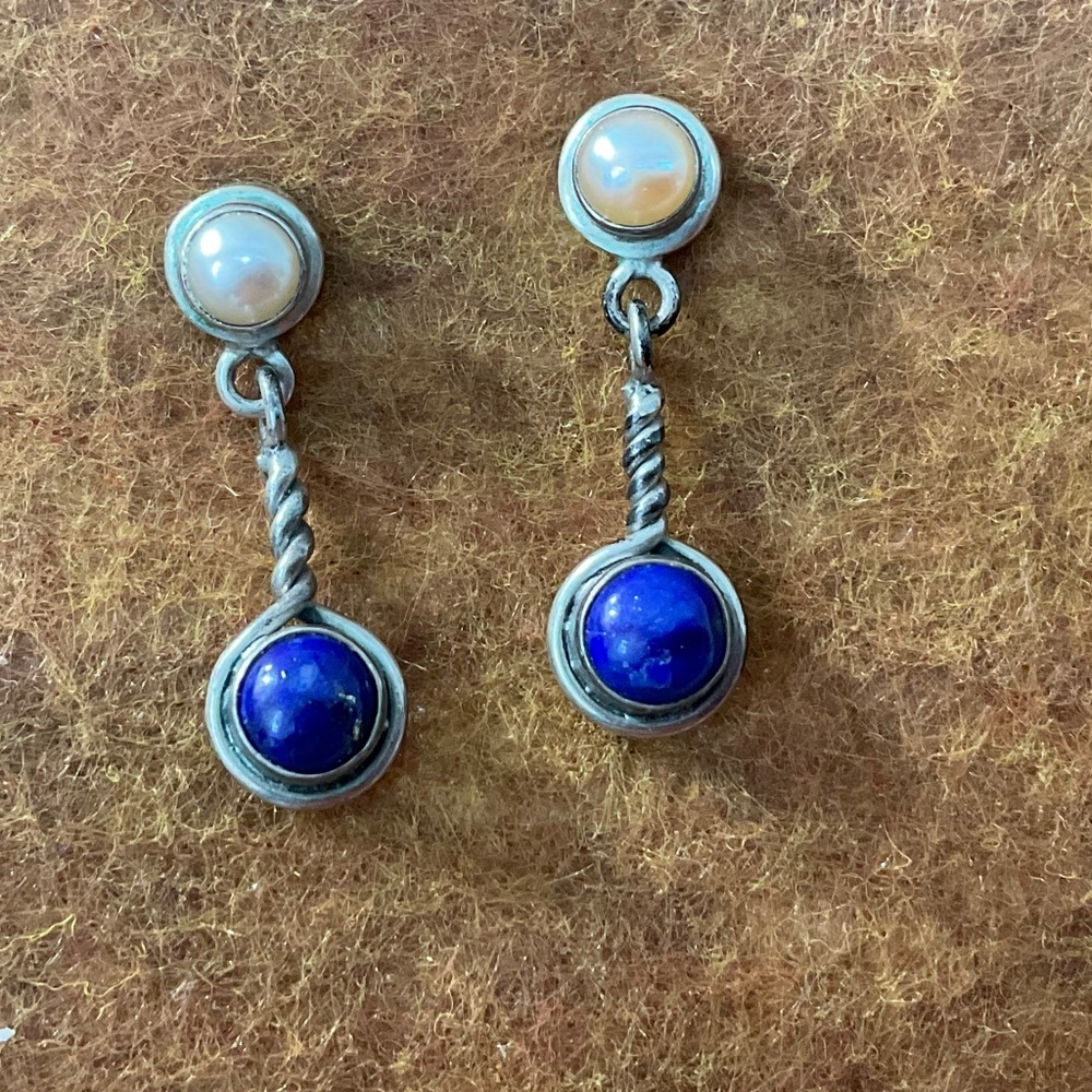 Vintage Sterling Silver Dangle Earrings With White & Blue Stones